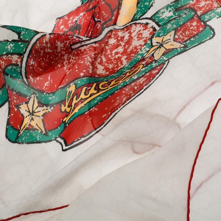 Pre Owned Gucci White Guccissima Heart Tattoo Square Scarf