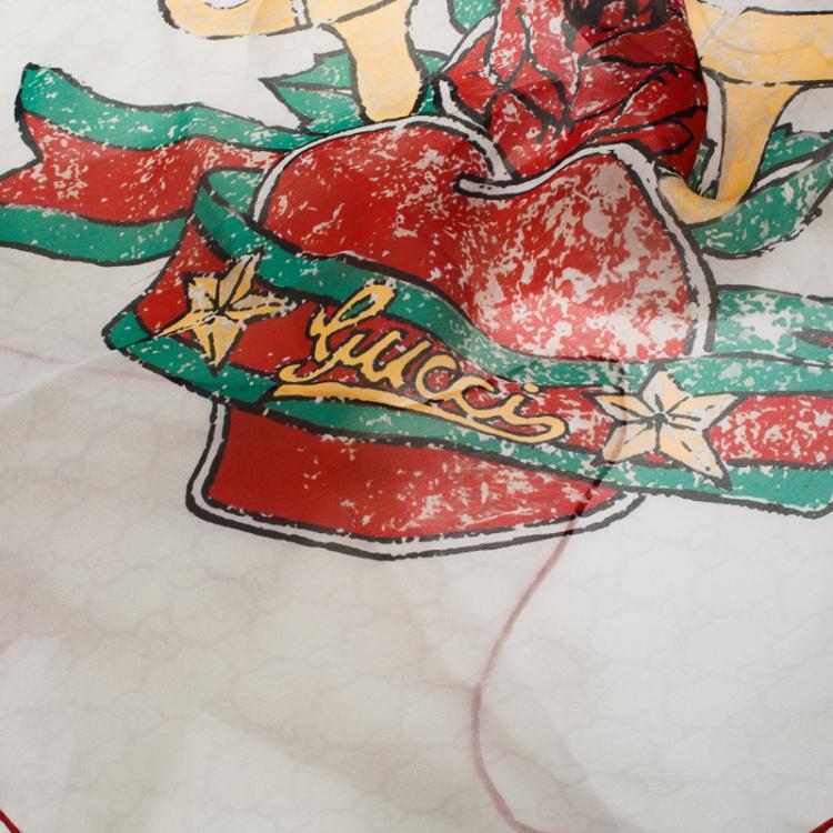 Pre Owned Gucci White Guccissima Heart Tattoo Square Scarf
