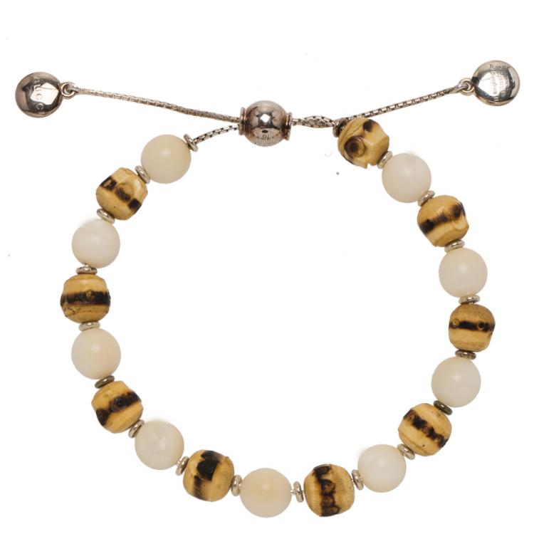 مملوكة مسبقًا Gucci Bamboo Wood and Tagua Beads Silver Adjustable Bracelet Size 16