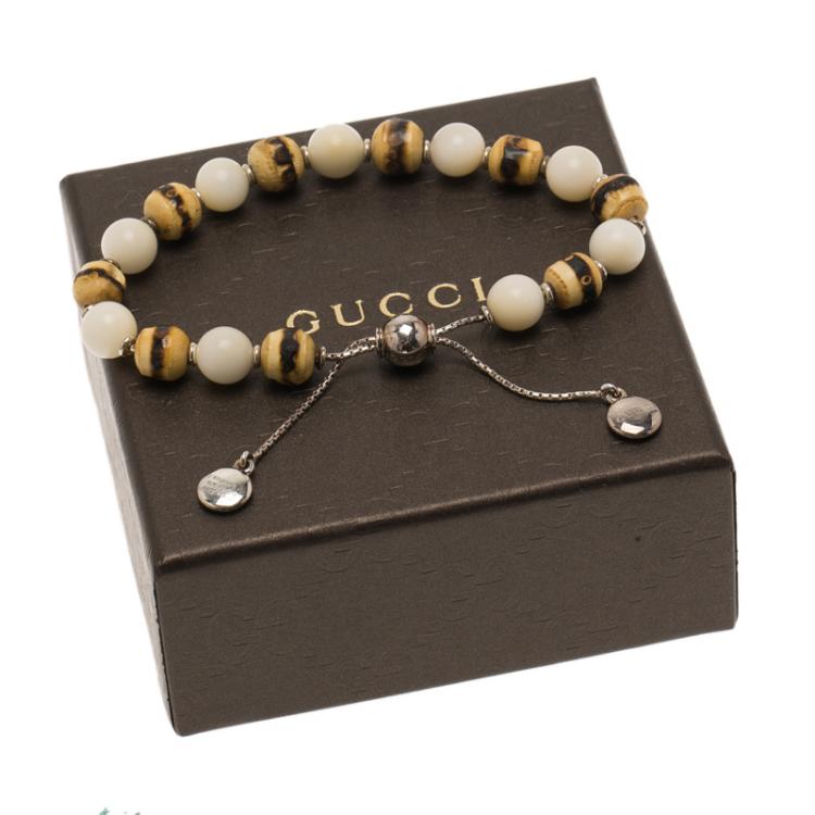 مملوكة مسبقًا Gucci Bamboo Wood and Tagua Beads Silver Adjustable Bracelet Size 16