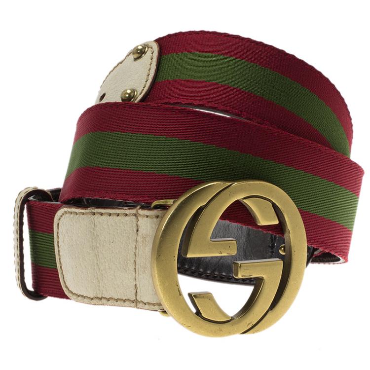 Gucci Burgundy Leather and Web Detail Interlocking GG Buckle Belt 95 CM  Gucci