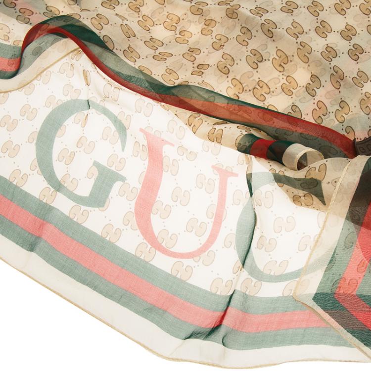 Pre Owned Gucci Beige GG mnogram Print Web Detail Silk Scarf