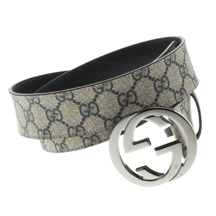 Gucci White/Blue GG Canvas and Leather Interlocking G Buckle Belt