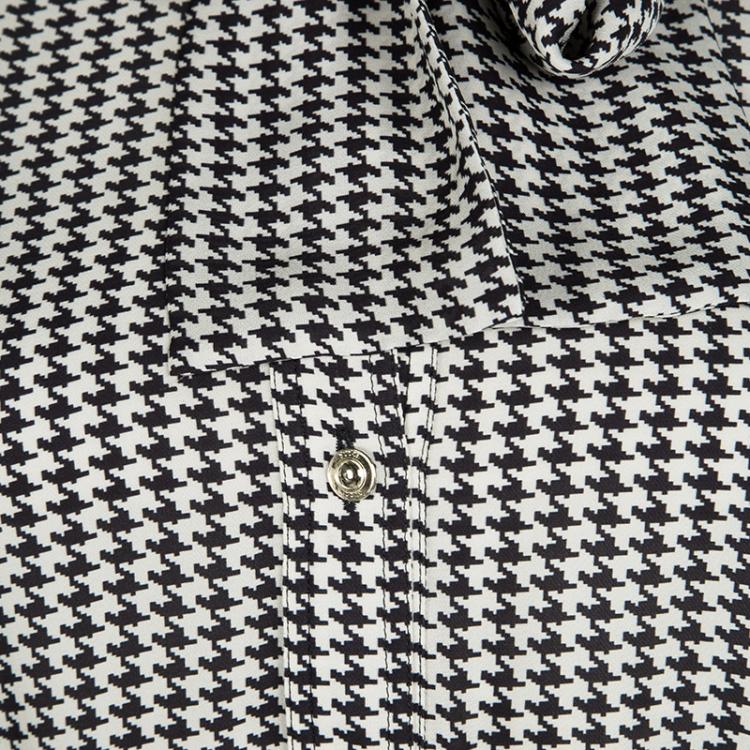 Pre Owned Gucci Monochrome Houndstooth Printed Silk Scarf Detail Belted Shirt Dress S