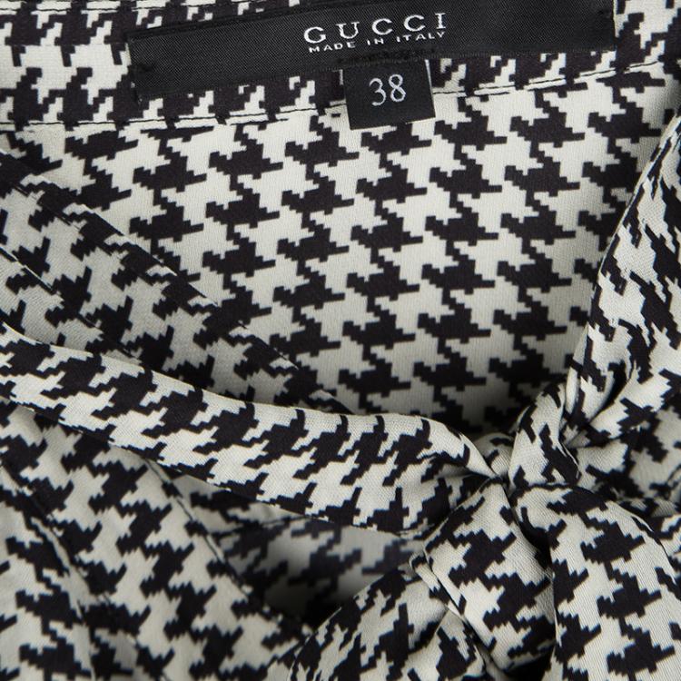 Pre Owned Gucci Monochrome Houndstooth Printed Silk Scarf Detail Belted Shirt Dress S