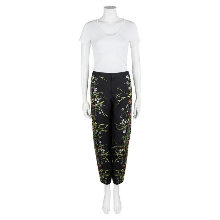Pre Owned Gucci Black Floral Printed Silk Tailored Pants M