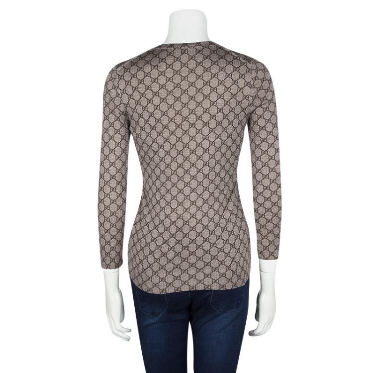 Pre Owned Gucci Brown GG Logo Long Sleeve V Neck Sweater S