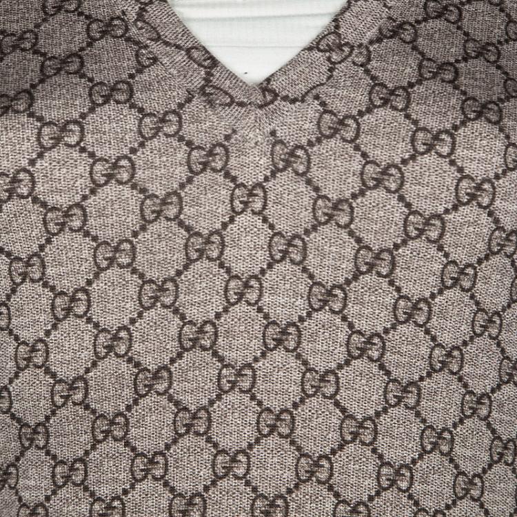 Pre Owned Gucci Brown GG Logo Long Sleeve V Neck Sweater S