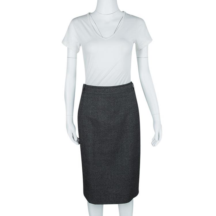Pre Owned Gucci Grey Wool Gabardine Belted Pencil Skirt S