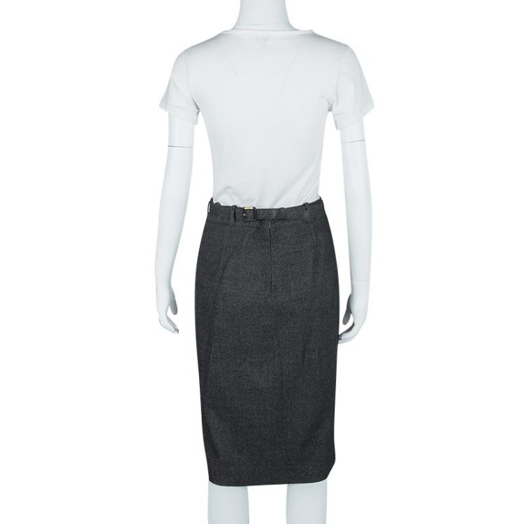 Pre Owned Gucci Grey Wool Gabardine Belted Pencil Skirt S
