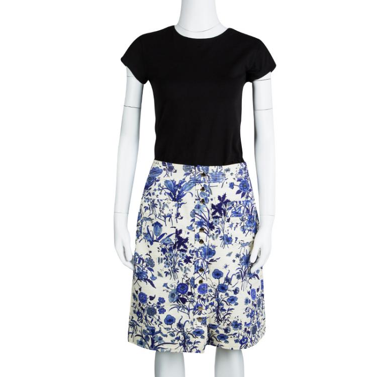 Pre Owned Gucci White And Blue Floral Printed Cotton Button Front Skirt M