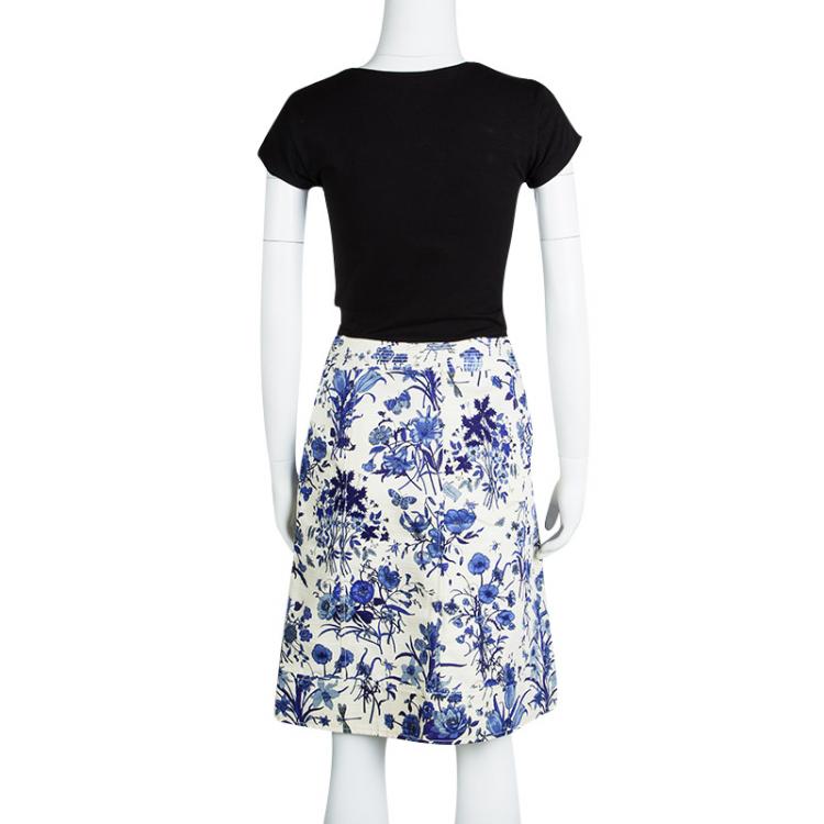 Pre Owned Gucci White And Blue Floral Printed Cotton Button Front Skirt M