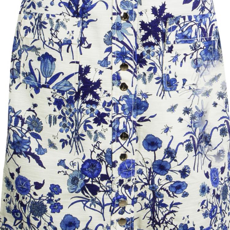 Pre Owned Gucci White And Blue Floral Printed Cotton Button Front Skirt M