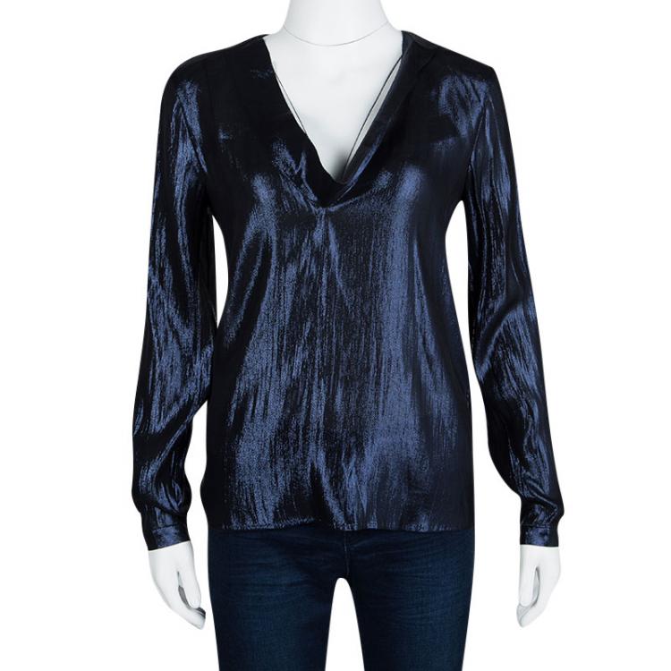 Pre Owned Gucci Metallic Blue Slit Back Detail Long Sleeve Blouse S