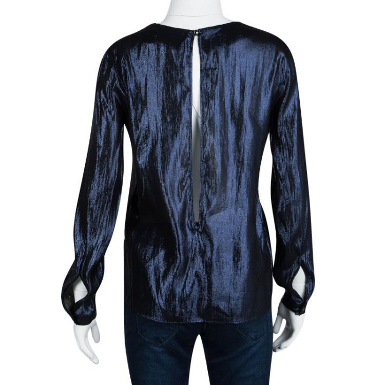 Pre Owned Gucci Metallic Blue Slit Back Detail Long Sleeve Blouse S