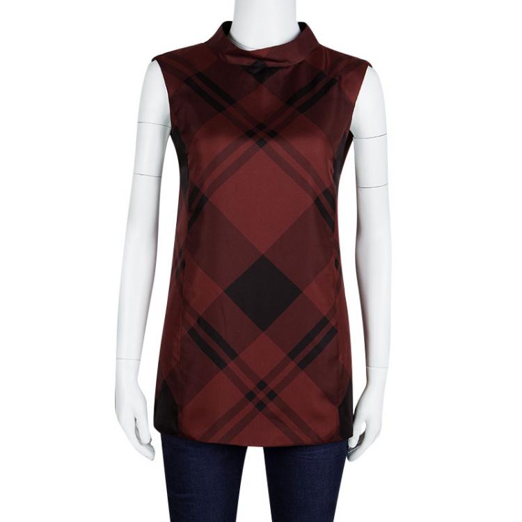 Pre Owned Gucci Red Holiday Checked Silk Sleeveless High Neck Top S