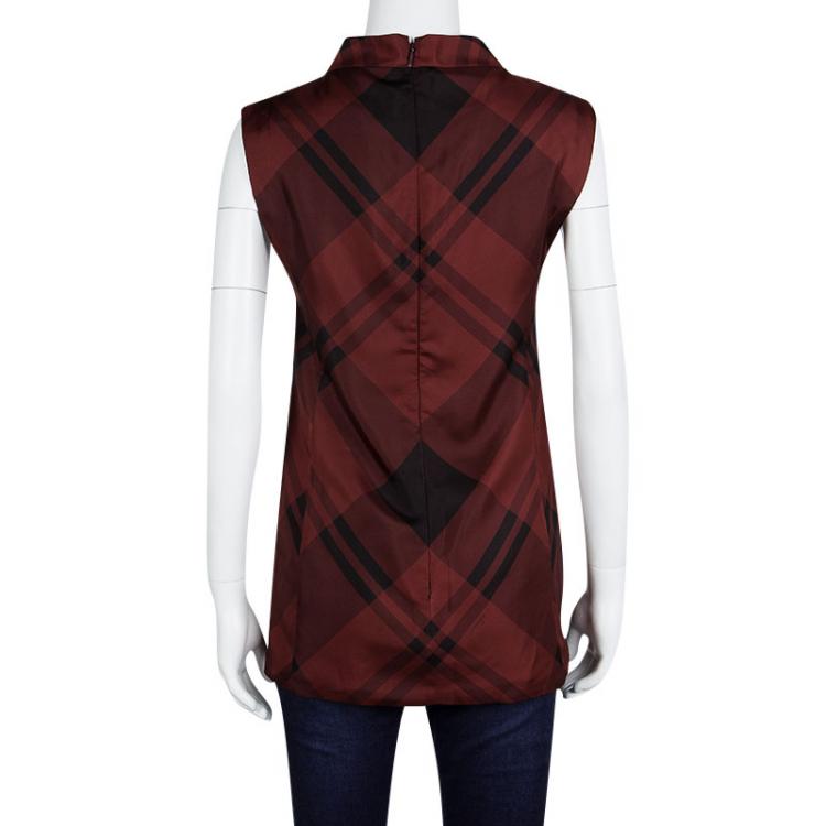 Pre Owned Gucci Red Holiday Checked Silk Sleeveless High Neck Top S