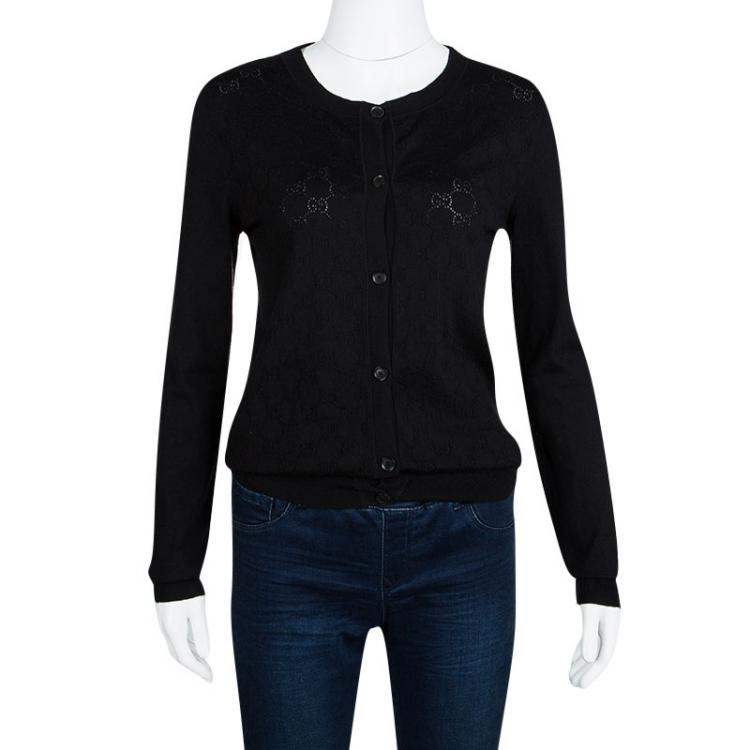 Pre Owned Gucci Black Monogrammed Perforated Knit Button Front Cardigan S