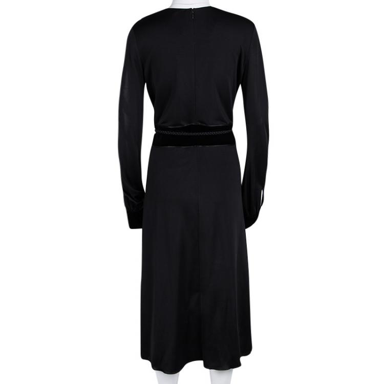 Pre Owned Gucci Black Velvet Trim Detail Long Sleeve Belted Dress M