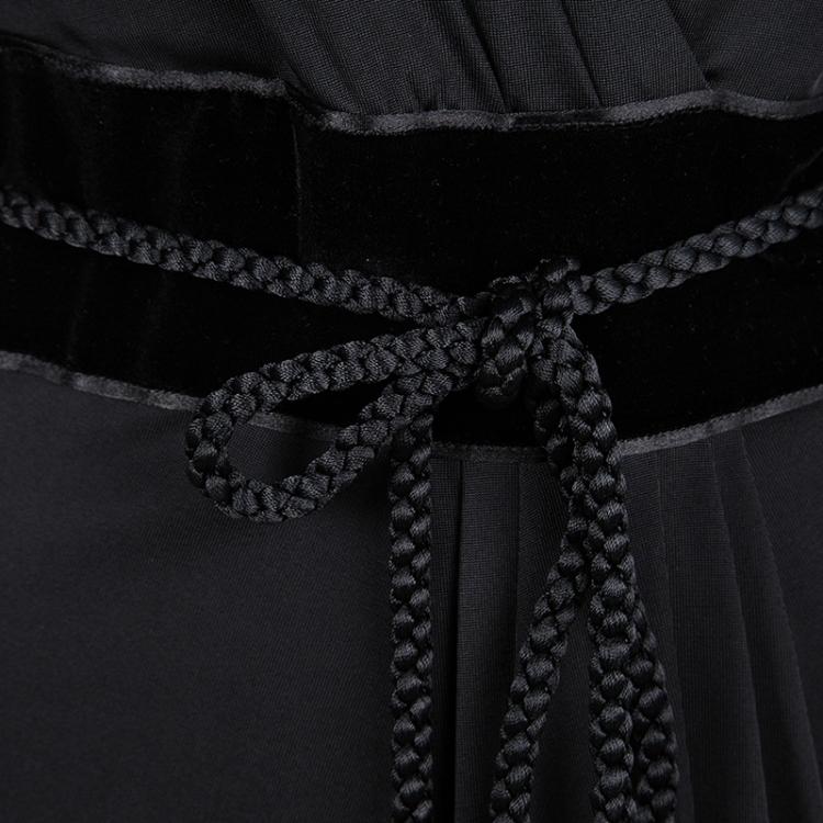 Pre Owned Gucci Black Velvet Trim Detail Long Sleeve Belted Dress M