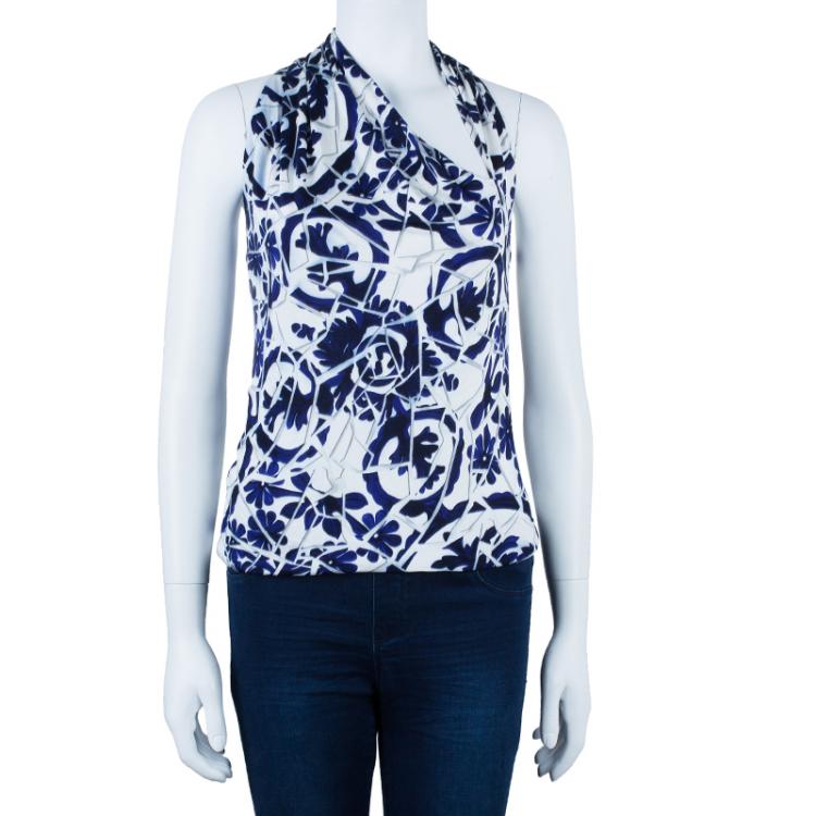 Pre Owned Gucci Blue White Halter Floral Top M