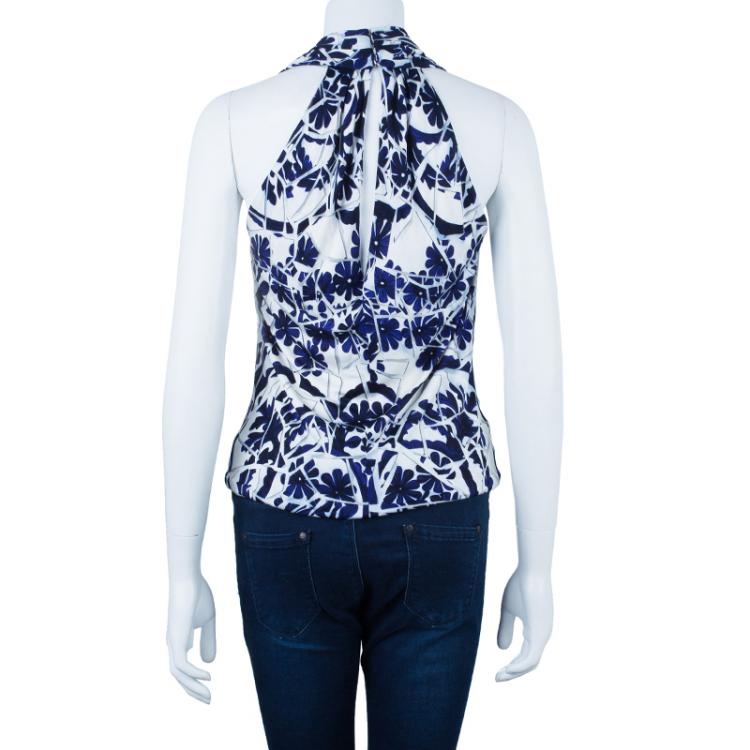 Pre Owned Gucci Blue White Halter Floral Top M