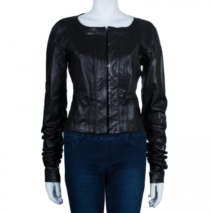 Pre Owned Gucci Black Collarless Leather Jacket M