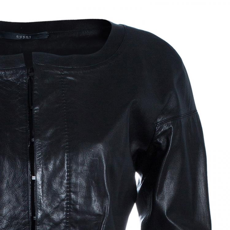 Pre Owned Gucci Black Collarless Leather Jacket M