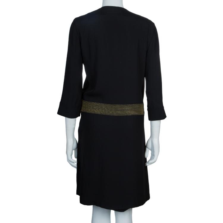 Pre Owned Gucci Black Gold Belted Dress M