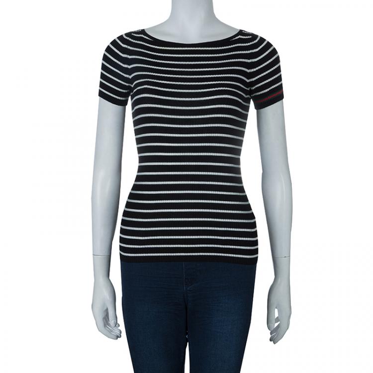 Pre Owned Gucci Monochrome Striped Ribbed Knit Top XS