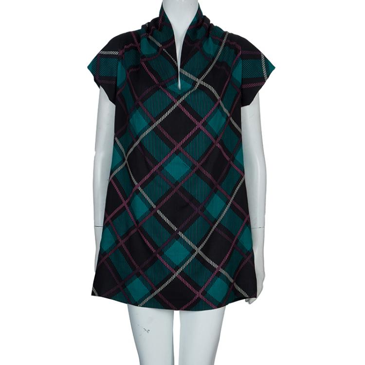 Pre Owned Gucci Multicolor Checked Wool Scarf Neck Detail Dress S