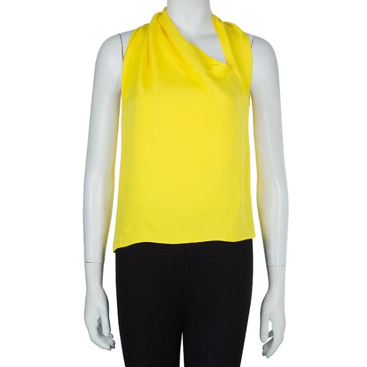 Pre Owned Gucci Yellow Asymmetrical Neckline Sleeveless Silk Top M