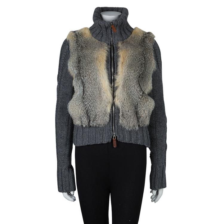Pre Owned Gucci Grey Camel Wool Fox Fur Trim Zip Front Sweater S