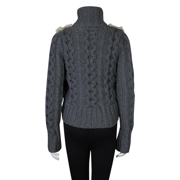 Pre Owned Gucci Grey Camel Wool Fox Fur Trim Zip Front Sweater S