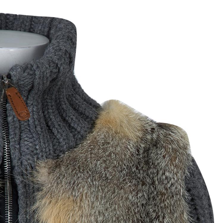 Pre Owned Gucci Grey Camel Wool Fox Fur Trim Zip Front Sweater S