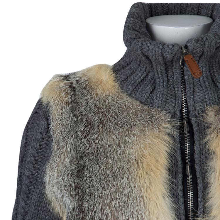 Pre Owned Gucci Grey Camel Wool Fox Fur Trim Zip Front Sweater S