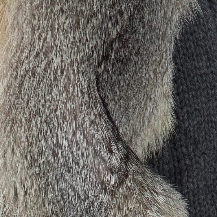 Pre Owned Gucci Grey Camel Wool Fox Fur Trim Zip Front Sweater S