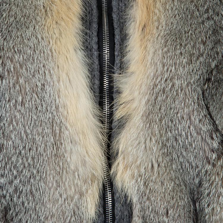Pre Owned Gucci Grey Camel Wool Fox Fur Trim Zip Front Sweater S