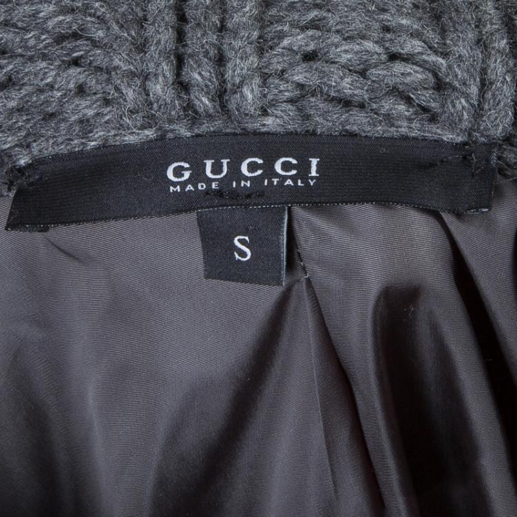 Pre Owned Gucci Grey Camel Wool Fox Fur Trim Zip Front Sweater S