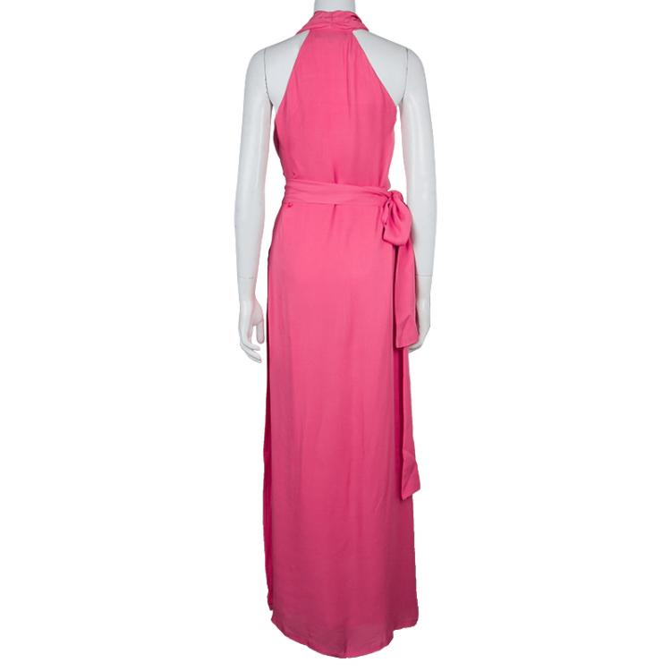 Pre Owned Gucci Pink Cowl Neck Slit Detail Sleeveless Silk Gown S