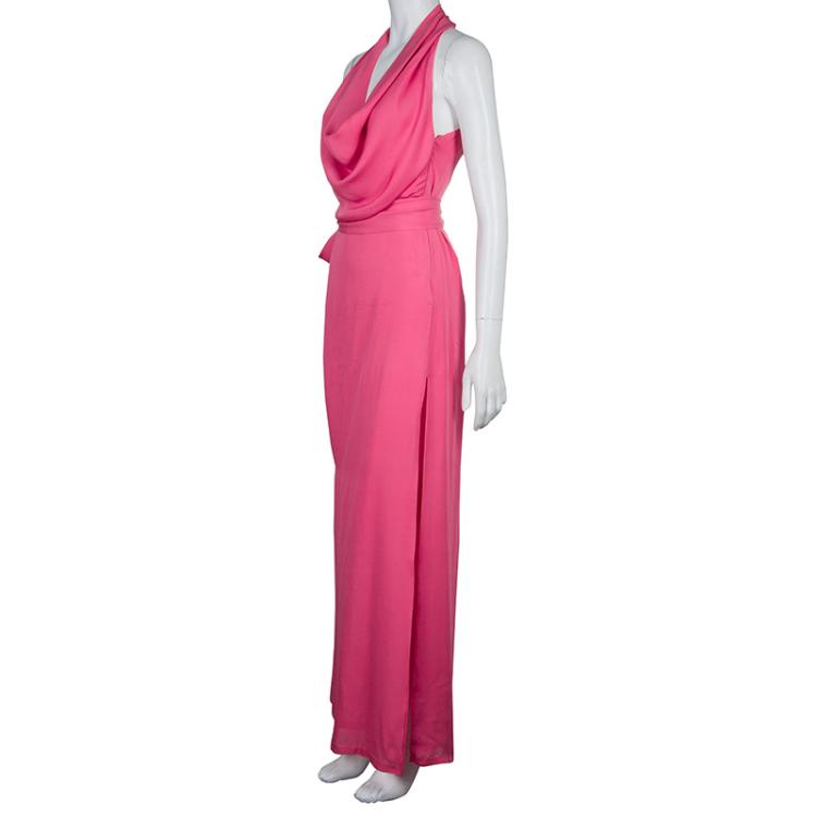 Pre Owned Gucci Pink Cowl Neck Slit Detail Sleeveless Silk Gown S