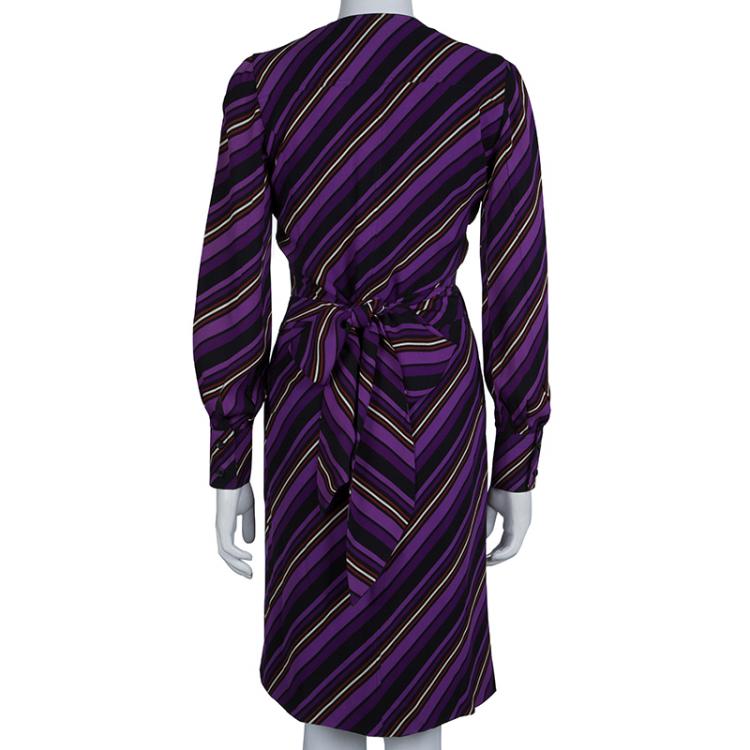 Pre Owned Gucci Purple Striped Silk Long Sleeve Wrap Dress S