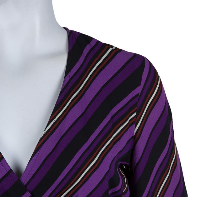 Pre Owned Gucci Purple Striped Silk Long Sleeve Wrap Dress S