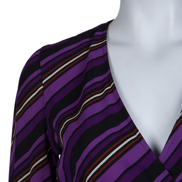 Pre Owned Gucci Purple Striped Silk Long Sleeve Wrap Dress S