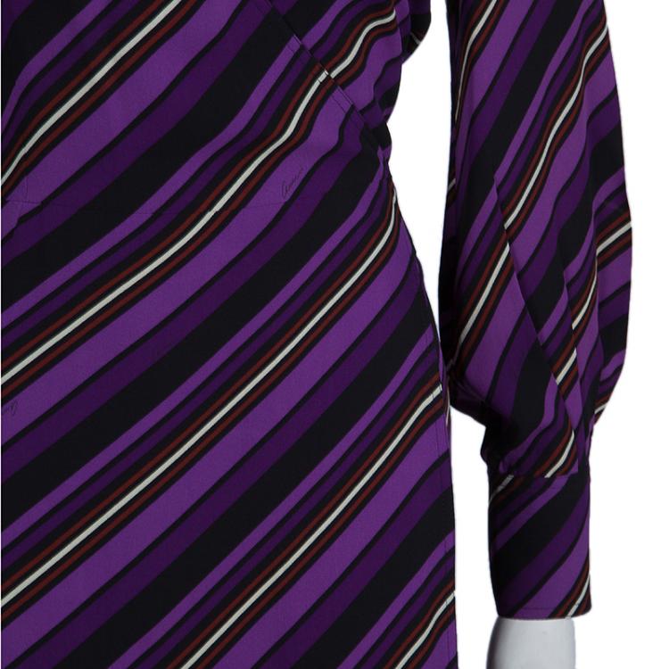 Pre Owned Gucci Purple Striped Silk Long Sleeve Wrap Dress S