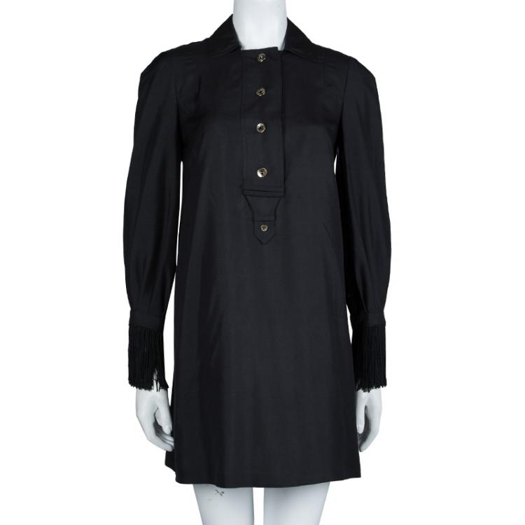 Pre Owned Gucci Black Raw Silk Fringe Detail Long Sleeve Tunic Dress  S