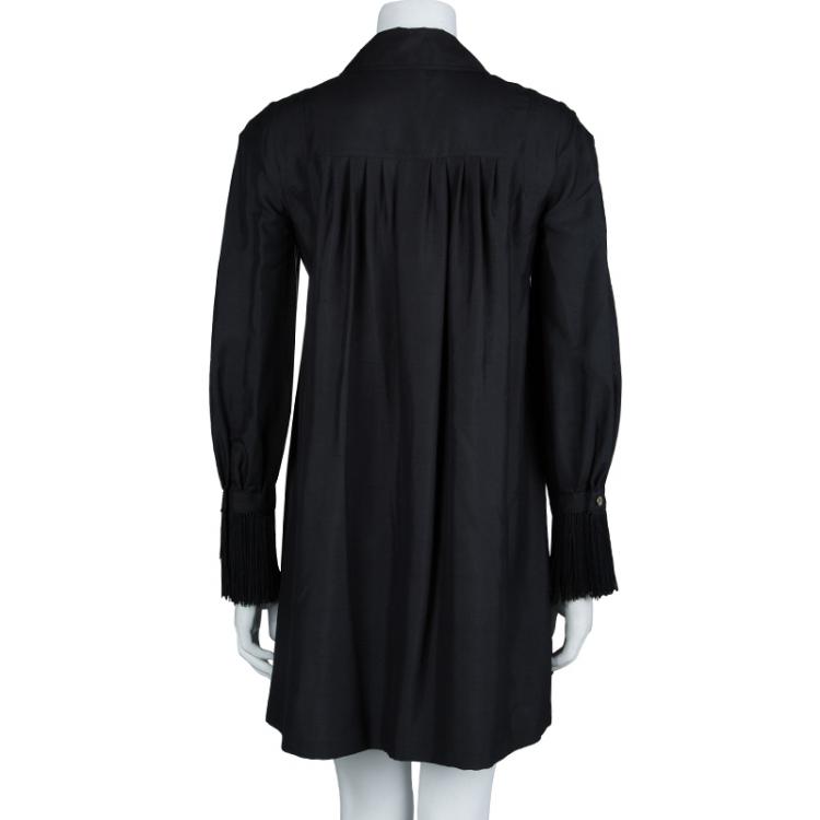 Pre Owned Gucci Black Raw Silk Fringe Detail Long Sleeve Tunic Dress  S