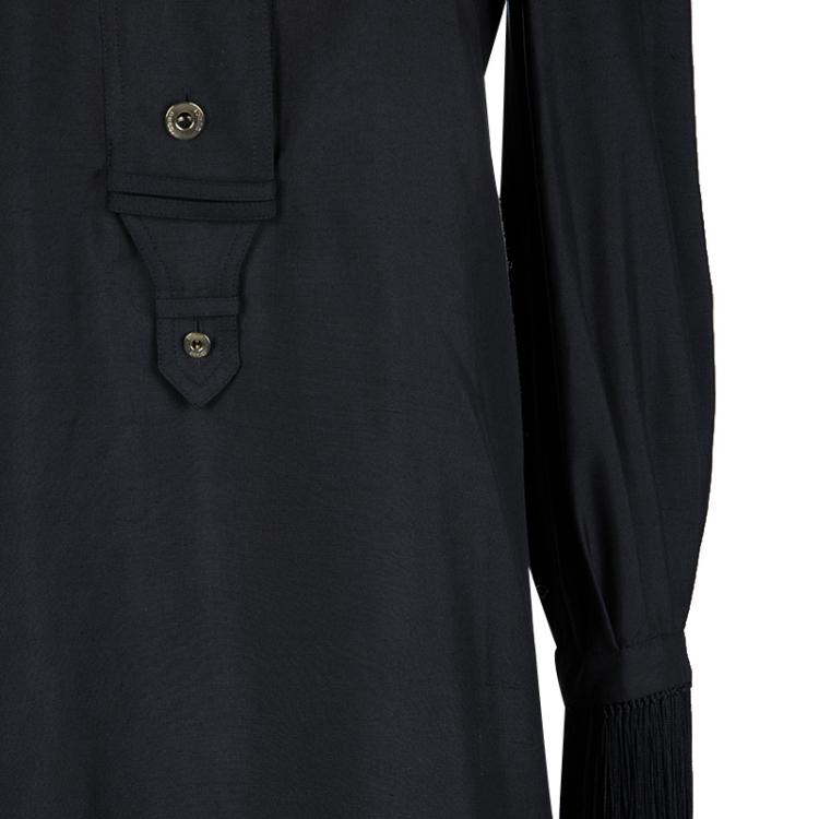 Pre Owned Gucci Black Raw Silk Fringe Detail Long Sleeve Tunic Dress  S