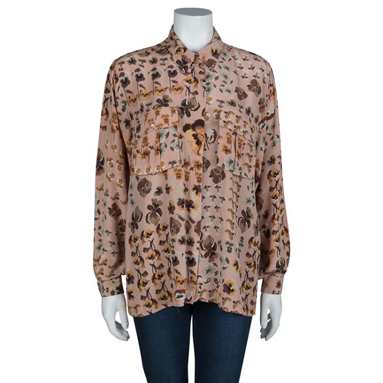 Pre Owned Gucci Pale Pink Floral Print Long Sleeve Buttondown Silk Shirt M