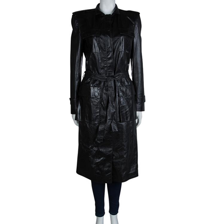 Pre Owned Gucci Black Leather Long Belted Overcoat M